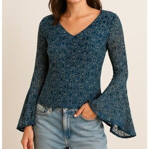 Vintage Floral Blouse MEDIUM Blue Embellished Lace Bell Sleeve Boho Chic Fairy